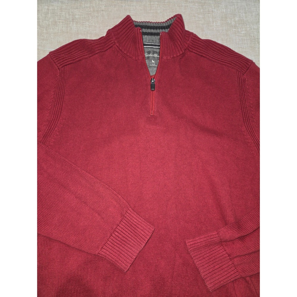 Eddie Bauer Mens Red 1/4 Zip Cotton Knit Pullover Sweater Large Ribbed Mock Neck